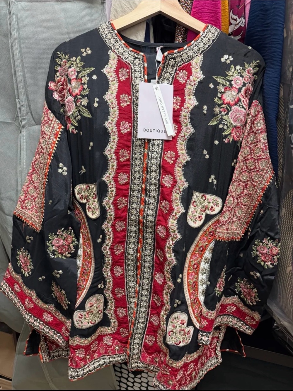 Brand New Authentic Ethnic 2 Piece Black Embroidered Short Shirt and Flare Pants
